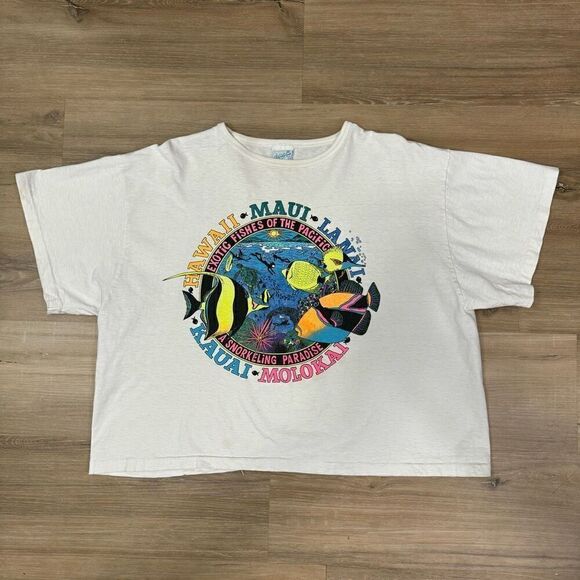 Vintage Women's One Size Hawaii Islands Boxy Crop Tee White 90s Tropical Fish - Picture 1 of 7